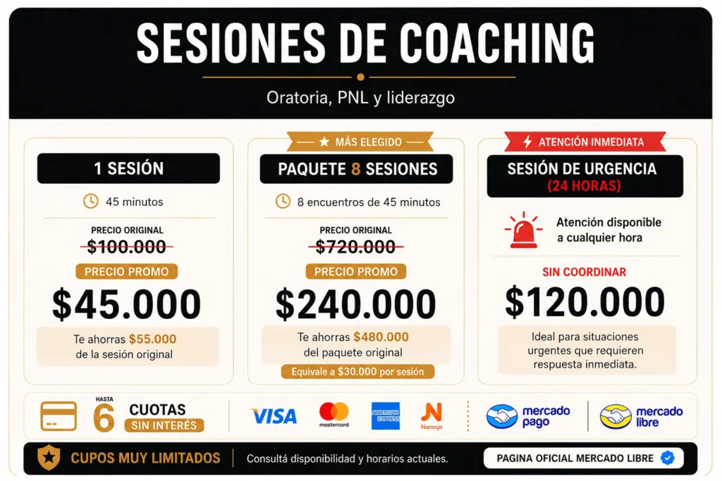 Precios de sesiones de coaching con Darío Varona: sesión individual, paquete de 8 encuentros y sesión de urgencia online.