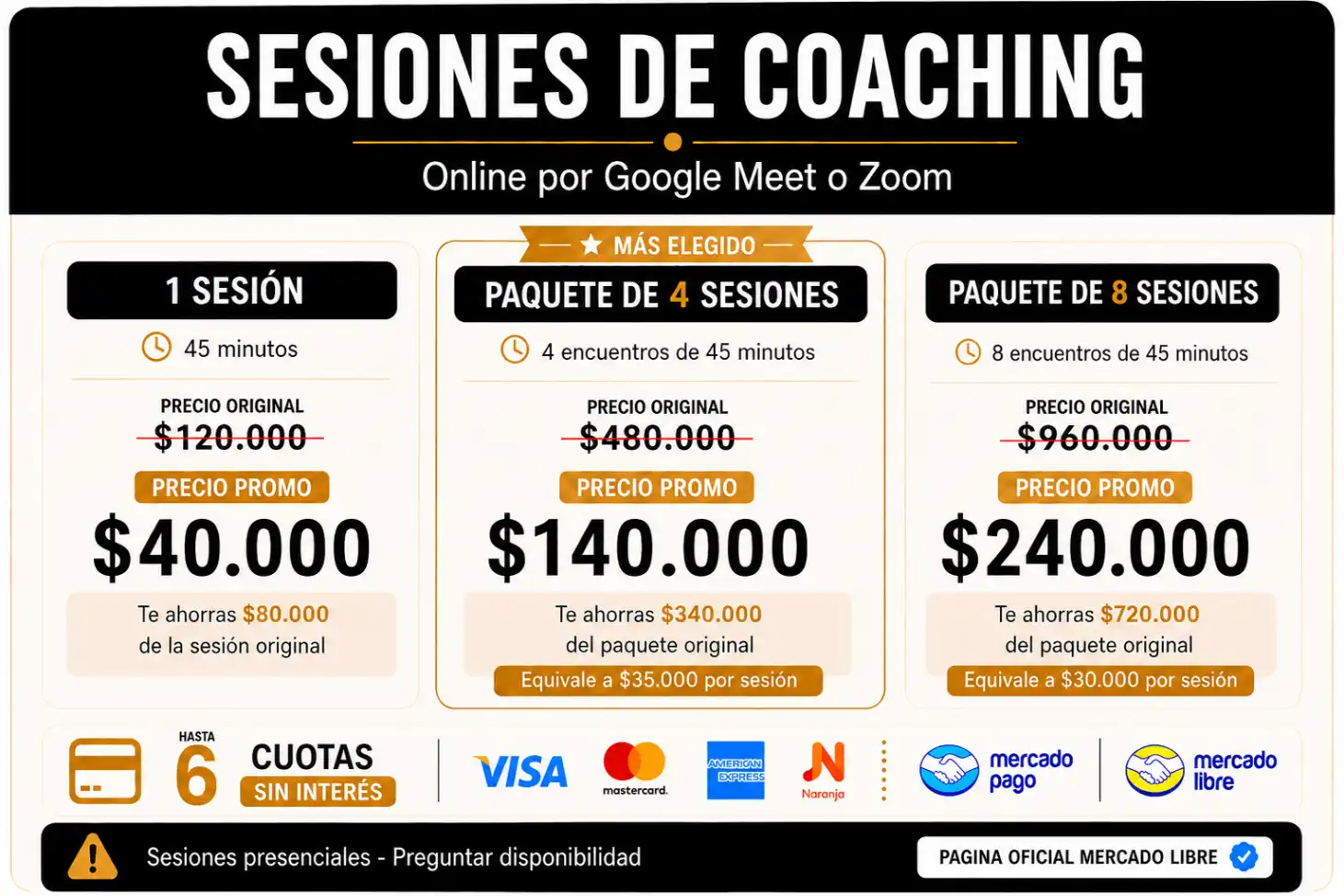 Precios de sesiones de coaching con Darío Varona: sesión individual, paquete de 8 encuentros y sesión de urgencia online.