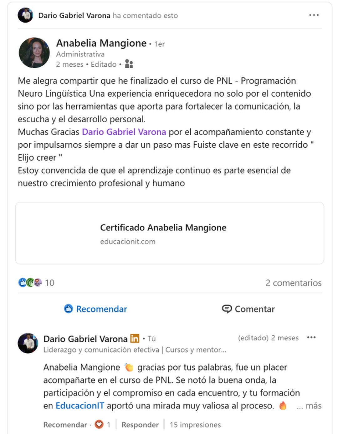 Captura de una recomendación de Anabelia Mangione sobre un curso de PNL con Darío Gabriel Varona.