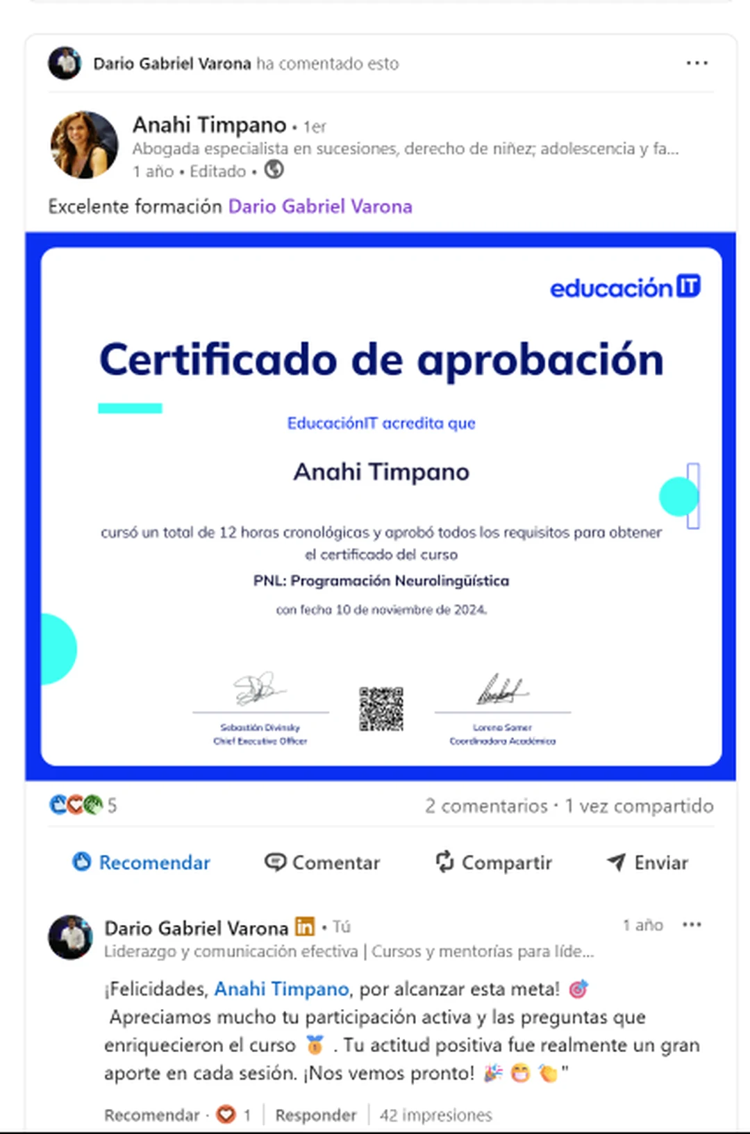 Captura de una referencia de Anahi Timpano sobre una formación de PNL en EducaciónIT con Darío Gabriel Varona.