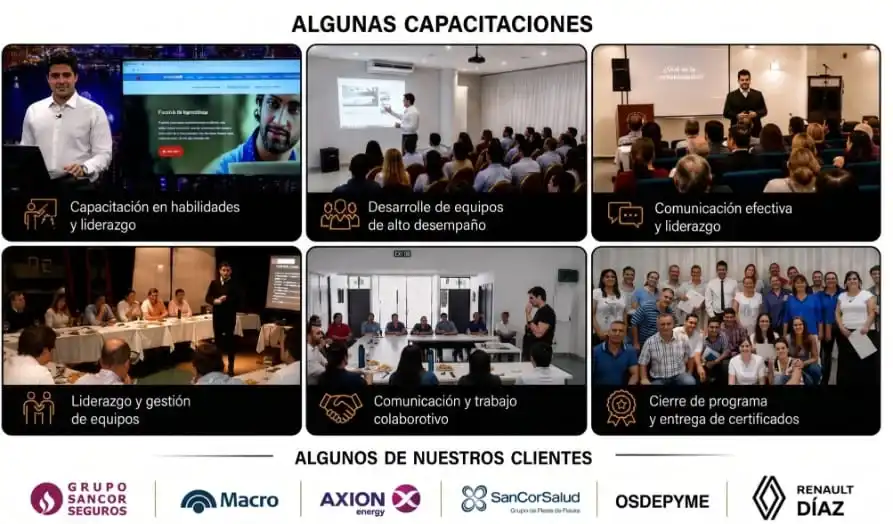Darío Varona brindando capacitaciones en empresas sobre coaching, PNL, liderazgo y comunicación efectiva.