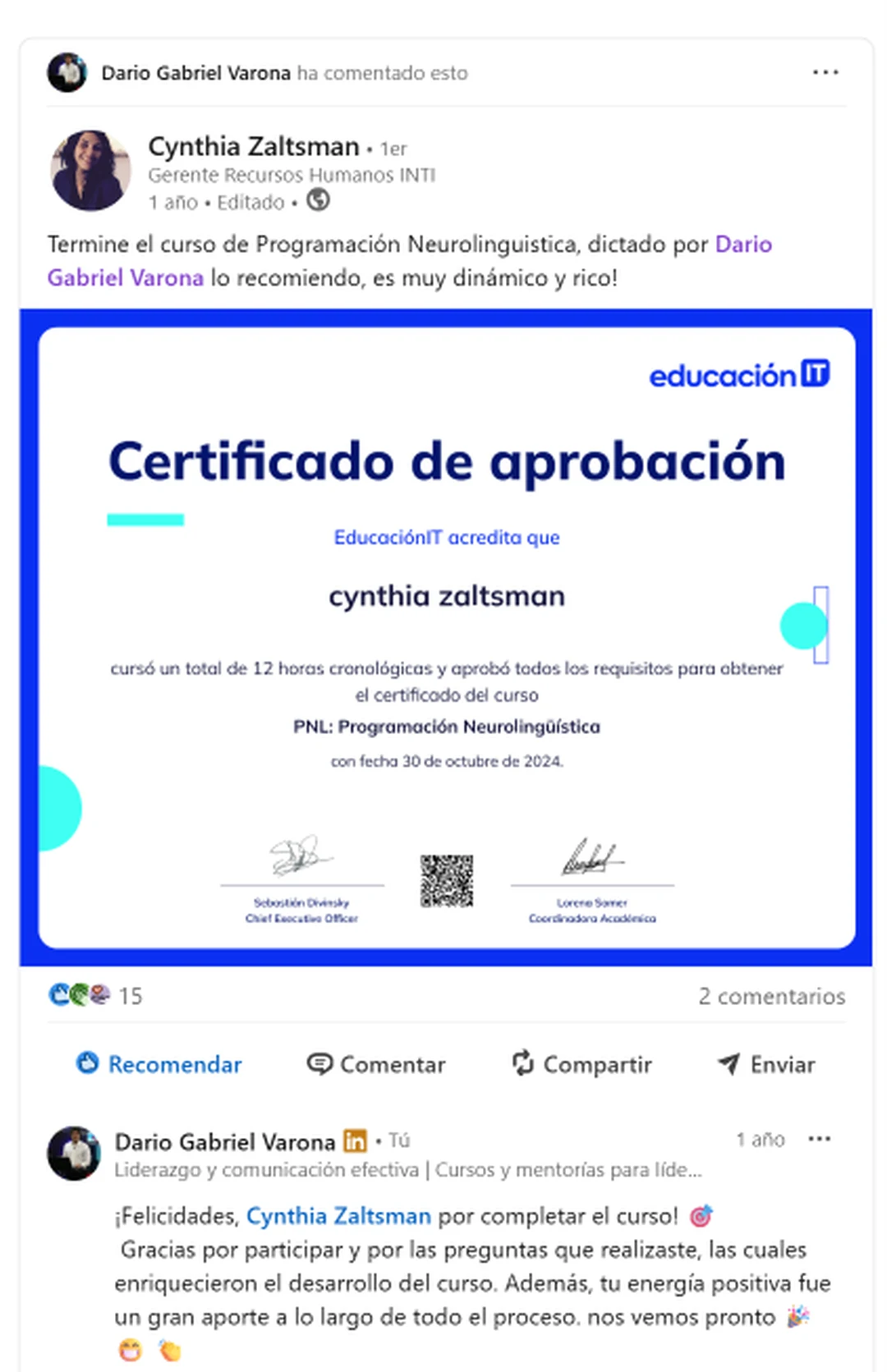 Captura de una referencia de Cynthia Zaltsman sobre el curso de PNL en EducaciónIT con Darío Gabriel Varona.
