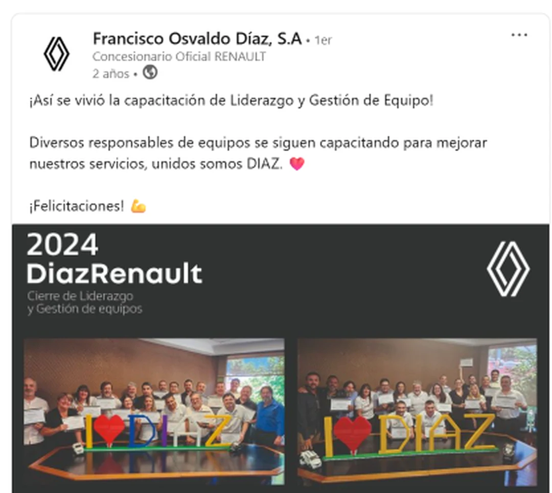Captura de una referencia de Francisco Osvaldo Díaz S.A sobre una capacitación de Liderazgo y Gestión de Equipos dictada por Darío Gabriel Varona para Díaz Renault.