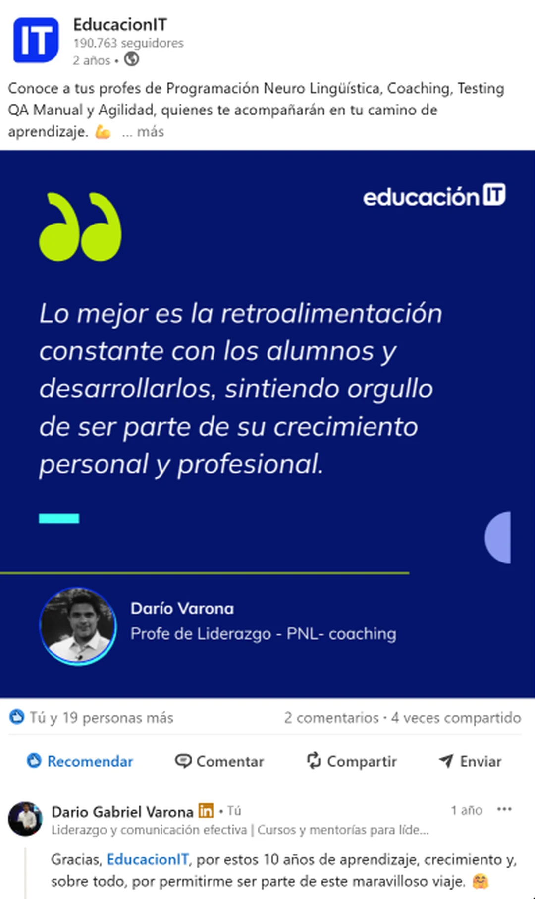 Captura de una referencia de EducaciónIT con una frase de Darío Varona sobre el acompañamiento a alumnos.