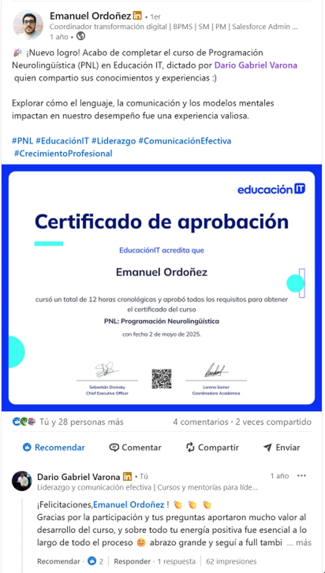 Captura de una referencia de Emanuel Ordoñez sobre el curso de PNL en EducaciónIT con Darío Gabriel Varona.