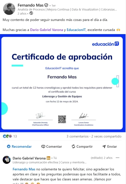 Referencia de Fernando Mas sobre el curso de Liderazgo y Gestión de Equipos en EducaciónIT.