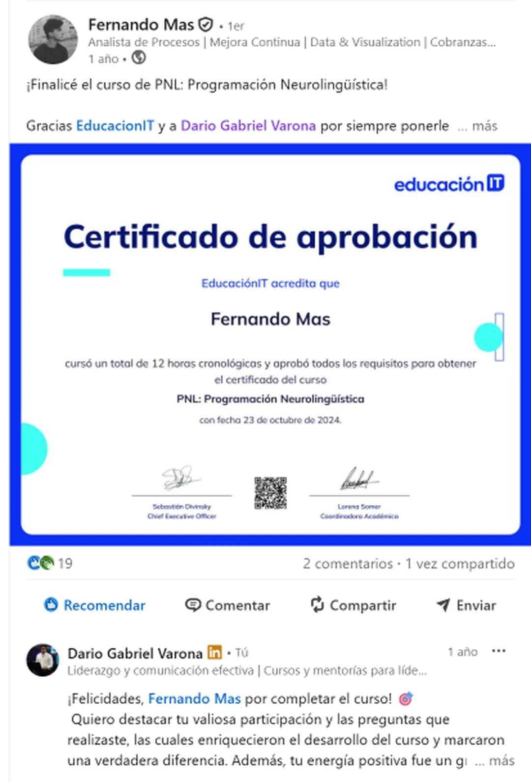 Captura de una referencia de Fernando Mas sobre el curso de PNL en EducaciónIT con Darío Gabriel Varona.