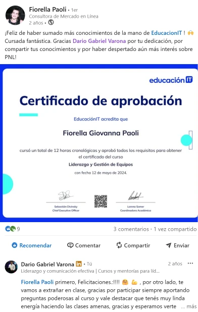 Referencia de Fiorella Paoli sobre el curso de Liderazgo y Gestión de Equipos en EducaciónIT.