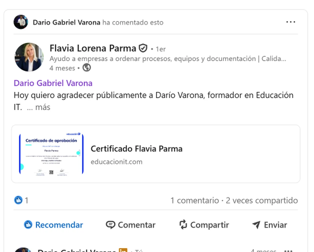 Captura de una referencia de Flavia Lorena Parma donde menciona a Darío Gabriel Varona como formador en EducaciónIT.