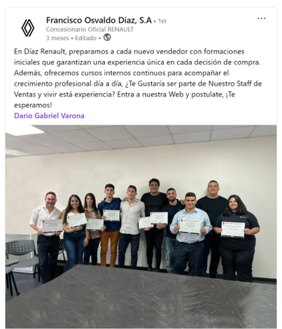 Captura de una referencia de Francisco Osvaldo Díaz S.A sobre capacitaciones comerciales internas con Darío Gabriel Varona.