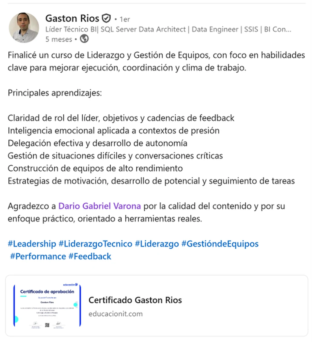 Captura de una recomendación de Gaston Rios sobre un curso de Liderazgo y Gestión de Equipos con Darío Gabriel Varona.