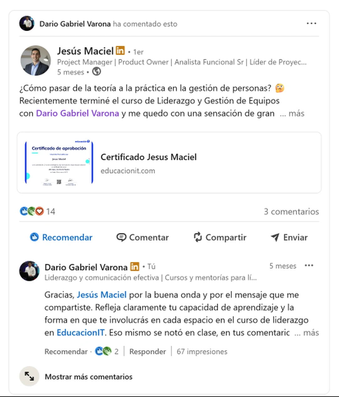 Captura de una referencia de Jesús Maciel sobre el curso de Liderazgo y Gestión de Equipos con Darío Gabriel Varona.