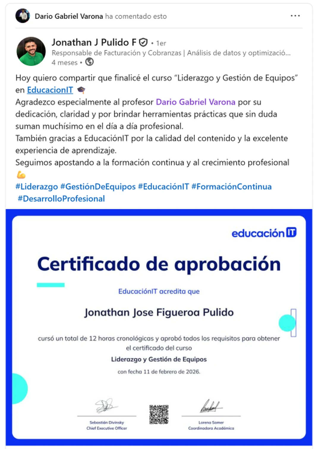 Captura de una referencia de Jonathan J Pulido F sobre el curso de Liderazgo y Gestión de Equipos en EducaciónIT.