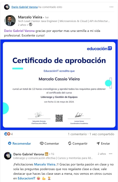 Referencia de Marcelo Vieira sobre el curso de Liderazgo y Gestión de Equipos en EducaciónIT.