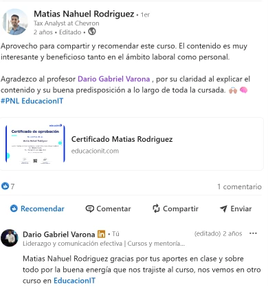 Referencia de Matias Nahuel Rodriguez sobre una formación de PNL en EducaciónIT.