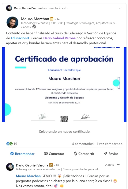 Referencia de Mauro Marchan sobre el curso de Liderazgo y Gestión de Equipos en EducaciónIT.