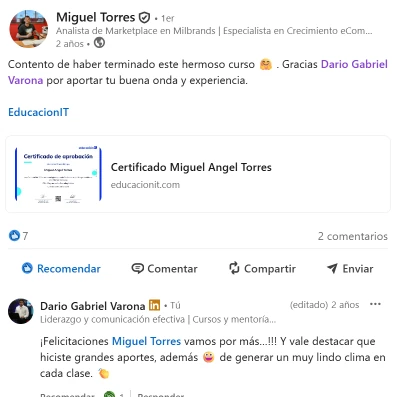 Referencia de Miguel Torres sobre una formación vinculada a PNL con Darío Gabriel Varona.