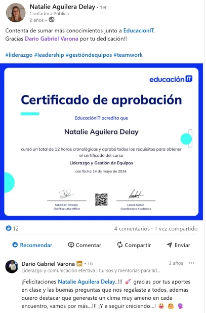 Referencia de Natalie Aguilera Delay sobre el curso de Liderazgo y Gestión de Equipos en EducaciónIT.