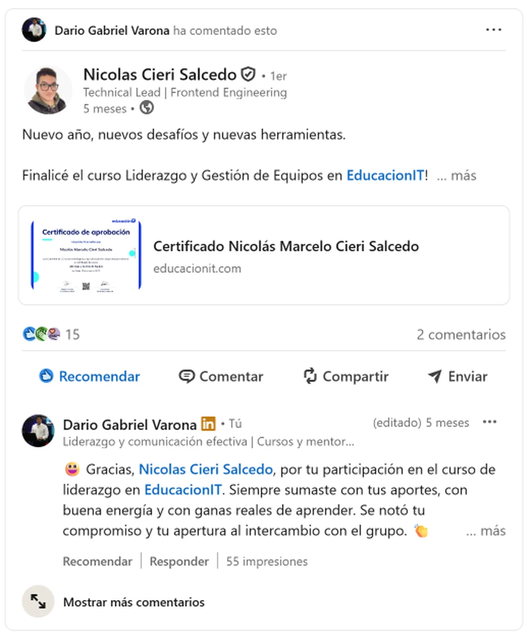 Captura de una referencia de Nicolas Cieri Salcedo sobre el curso Liderazgo y Gestión de Equipos en EducaciónIT.