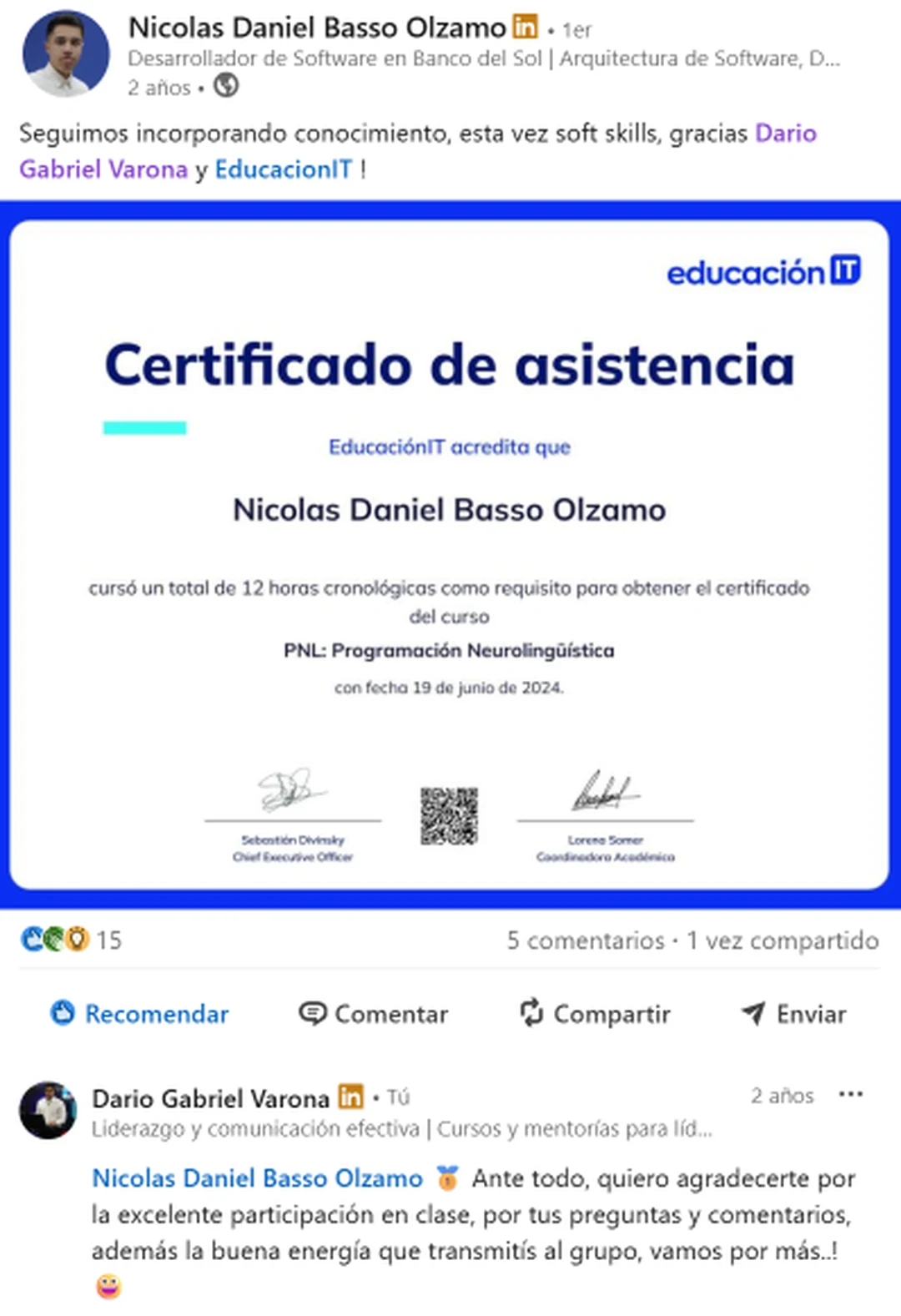 Captura de una referencia de Nicolas Daniel Basso Olzamo sobre una formación de PNL en EducaciónIT.