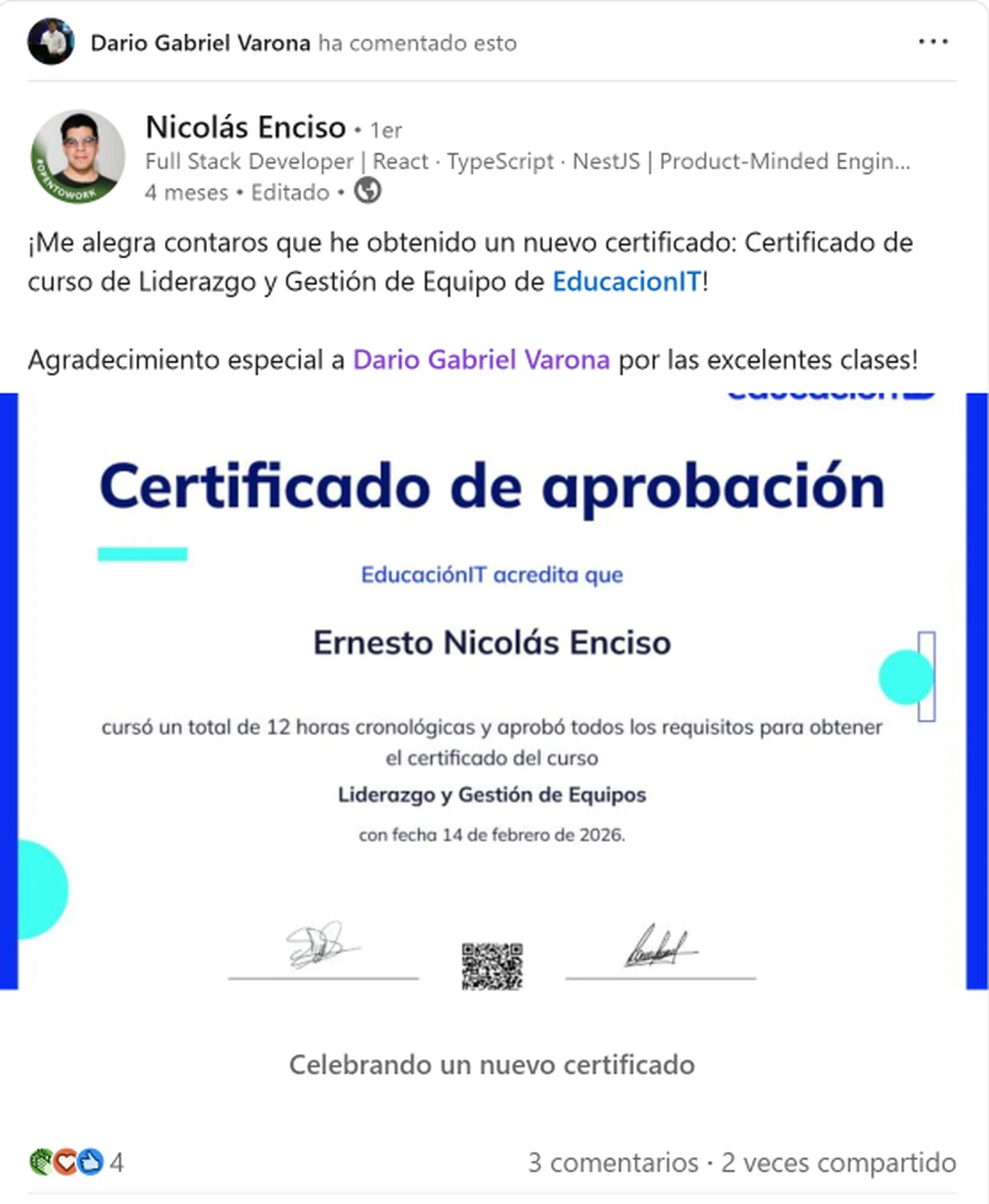 Captura de una referencia de Nicolás Enciso sobre el certificado del curso de Liderazgo y Gestión de Equipos.
