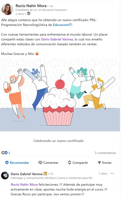 Referencia de Rocío Nahir Mora sobre una formación de PNL y Programación Neurolingüística en EducaciónIT.