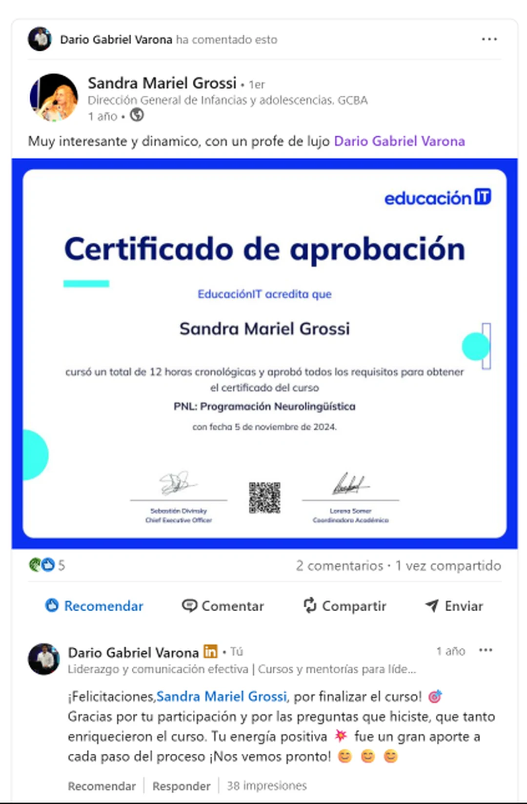 Captura de una referencia de Sandra Mariel Grossi sobre una formación de PNL en EducaciónIT con Darío Gabriel Varona.