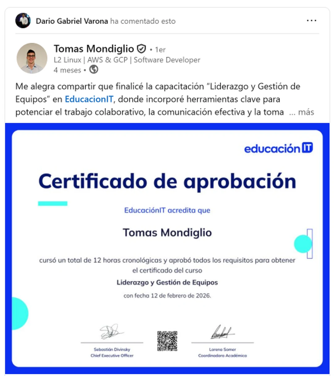 Captura de una referencia de Tomas Mondiglio sobre la capacitación Liderazgo y Gestión de Equipos en EducaciónIT.