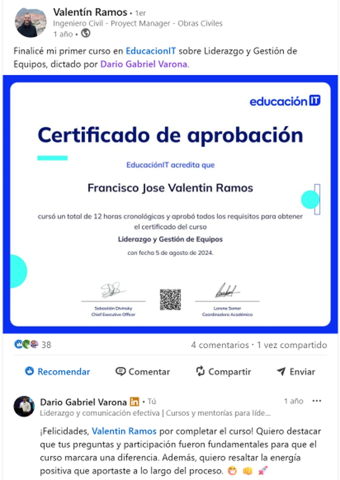 Captura de una referencia de Valentín Ramos sobre el curso de Liderazgo y Gestión de Equipos en EducaciónIT.