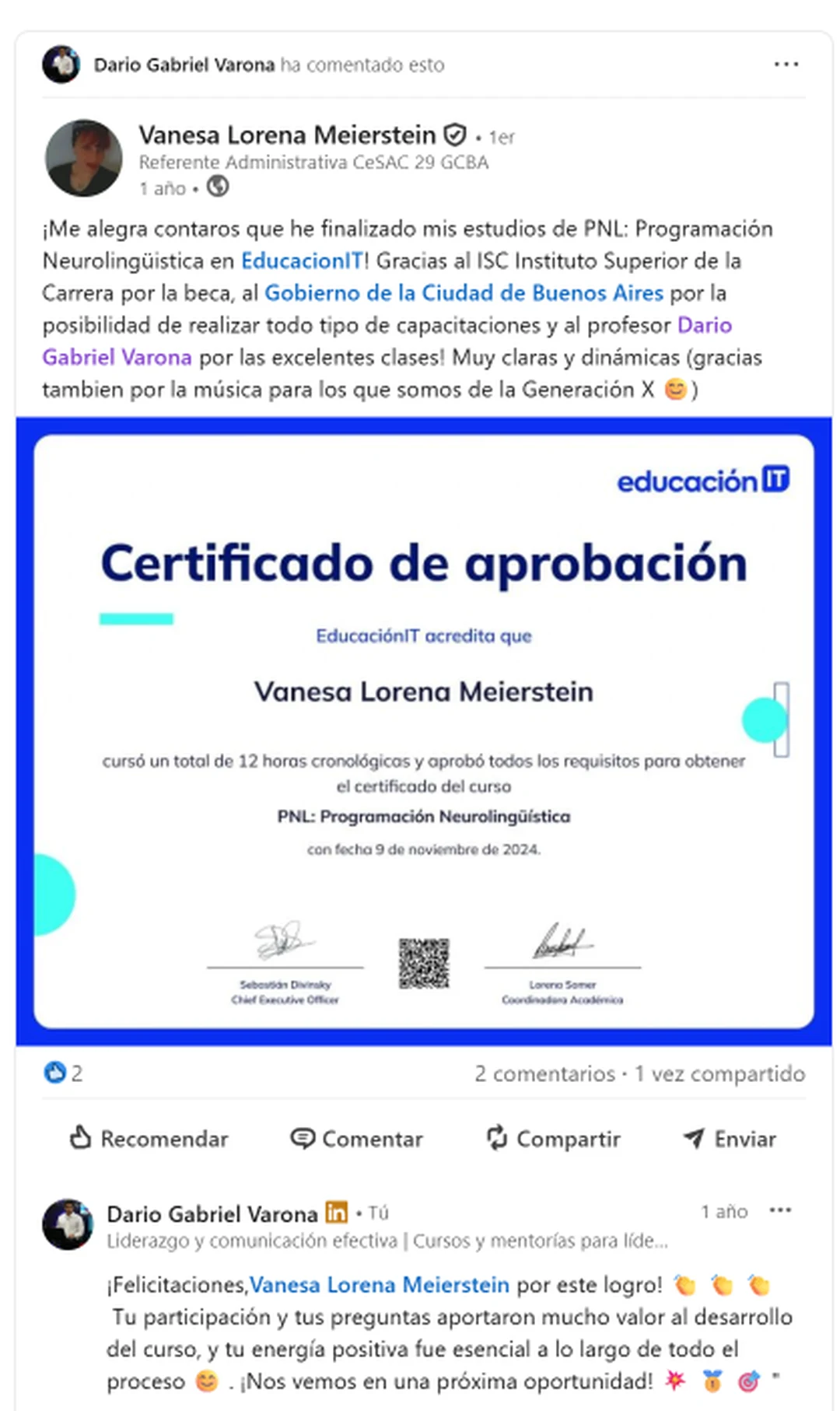 Captura de una referencia de Vanesa Lorena Meierstein sobre el curso de PNL en EducaciónIT con Darío Gabriel Varona.