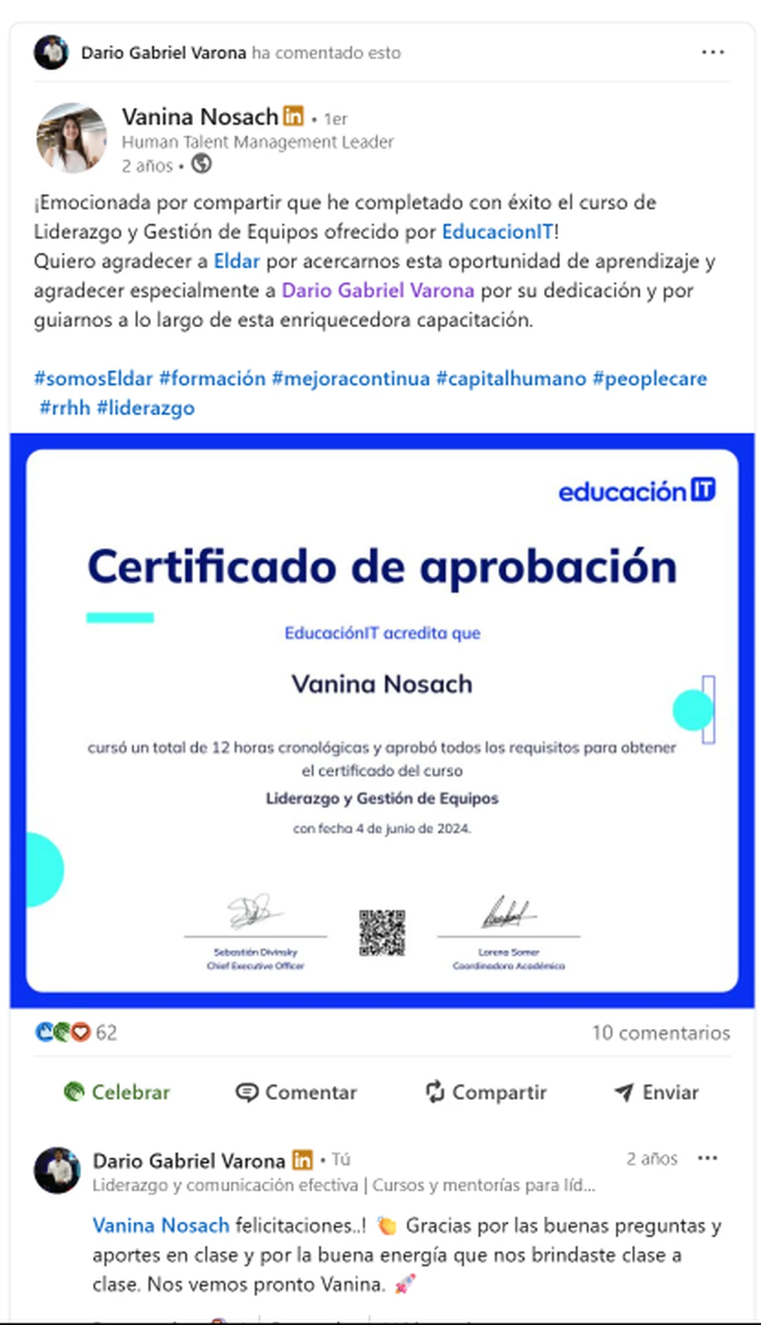 Captura de una referencia de Vanina Nosach sobre el curso de Liderazgo y Gestión de Equipos en EducaciónIT.