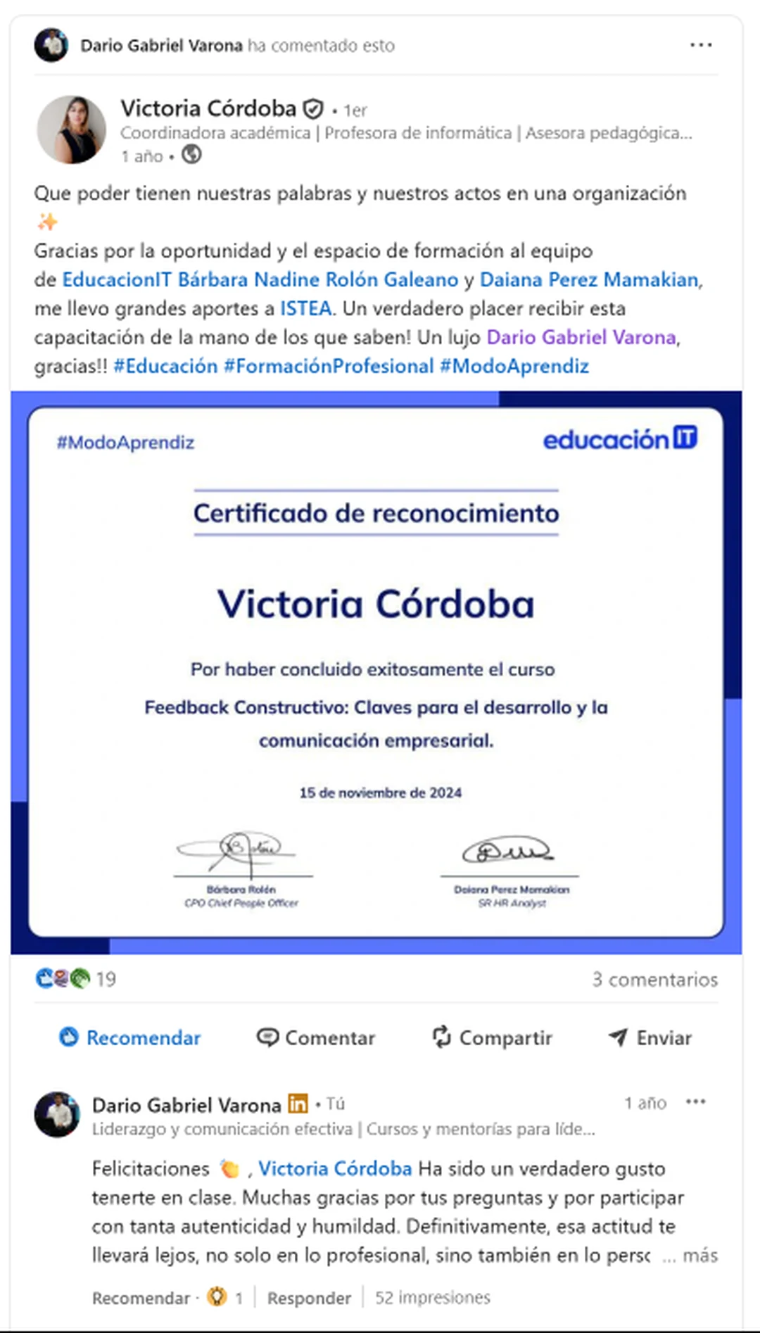 Captura de una referencia de Victoria Córdoba sobre una formación en feedback constructivo en EducaciónIT.