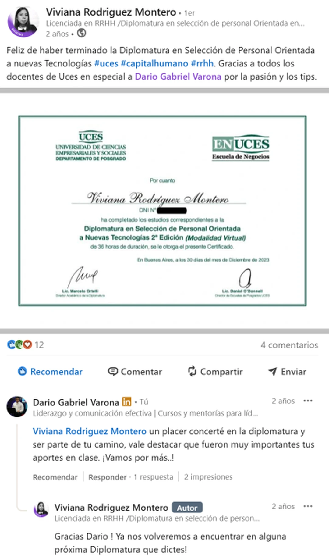 Referencia de Viviana Rodriguez Montero sobre la Diplomatura en Selección de Personal Orientada a Nuevas Tecnologías en UCES.