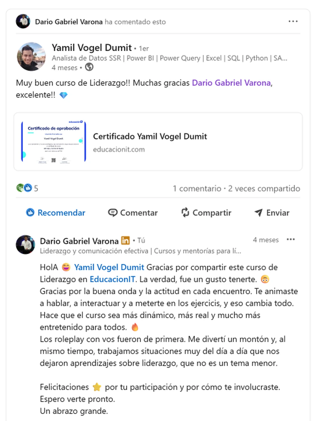 Captura de una referencia de Yamil Vogel Dumit sobre un curso de Liderazgo en EducaciónIT con Darío Gabriel Varona.