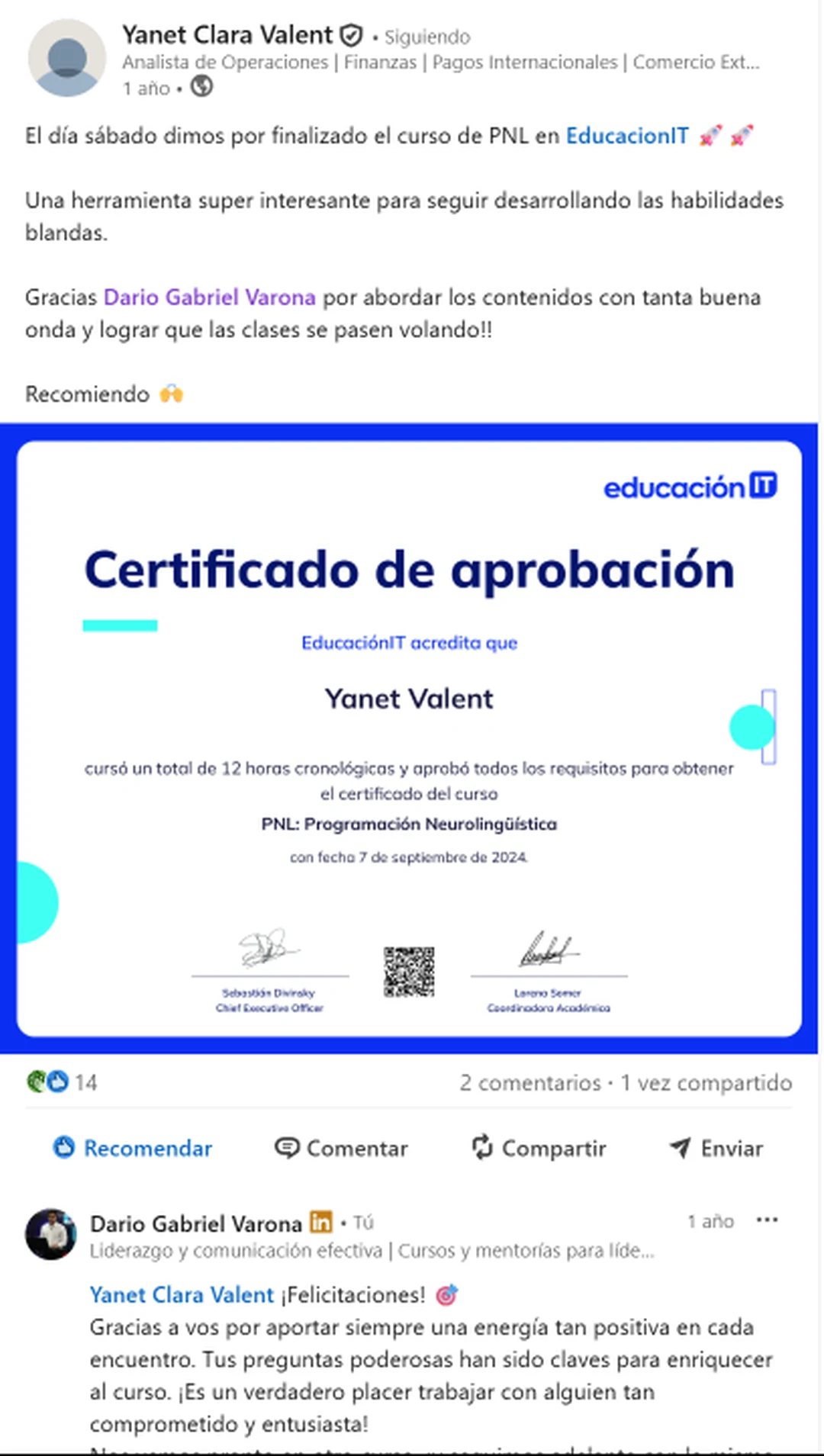 Captura de una referencia de Yanet Clara Valent sobre el curso de PNL en EducaciónIT con Darío Gabriel Varona.